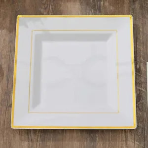 10 Pack 10" Gold Trim White Square Disposable Dinner Plates, Plastic Party Plates