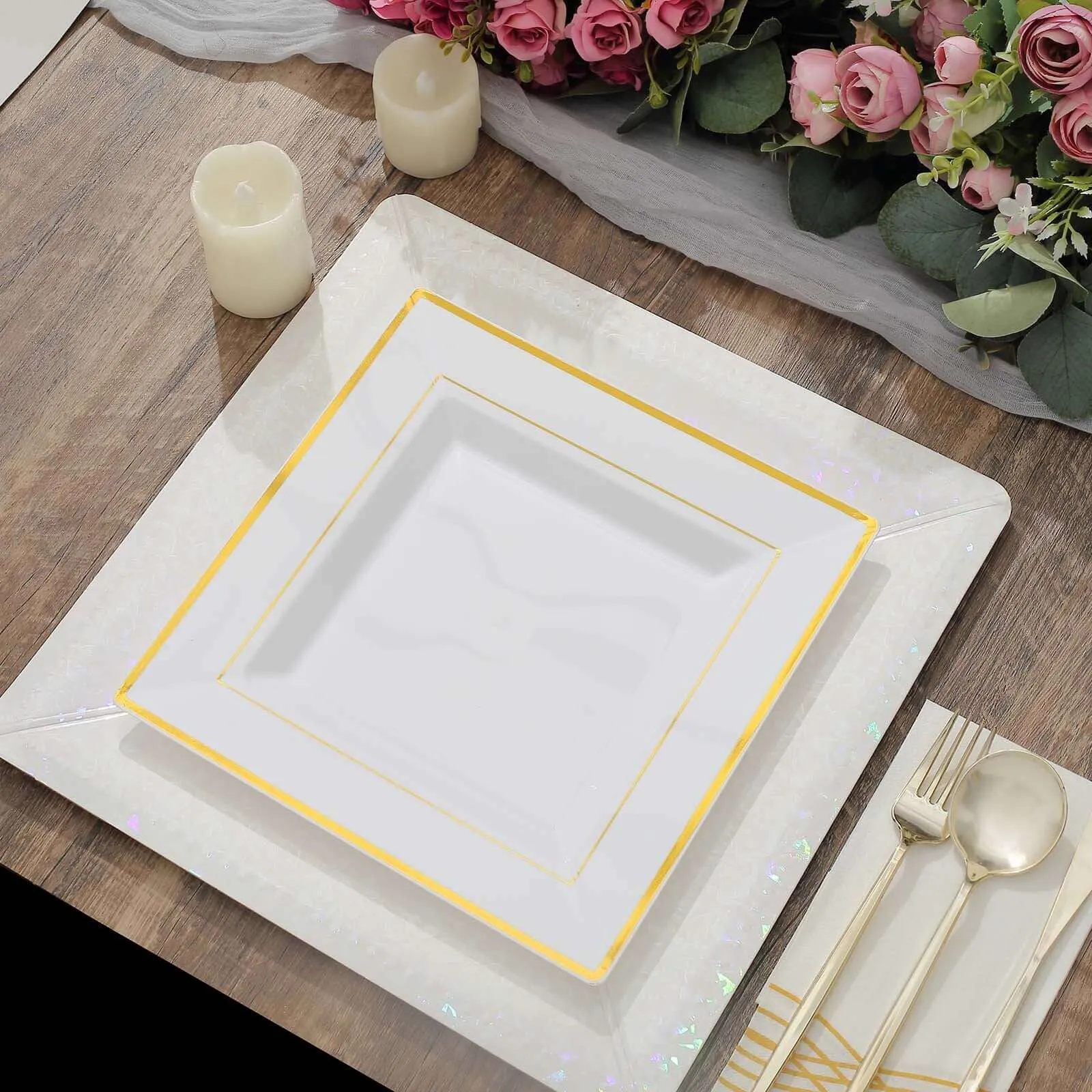 10 Pack 10" Gold Trim White Square Disposable Dinner Plates, Plastic Party Plates