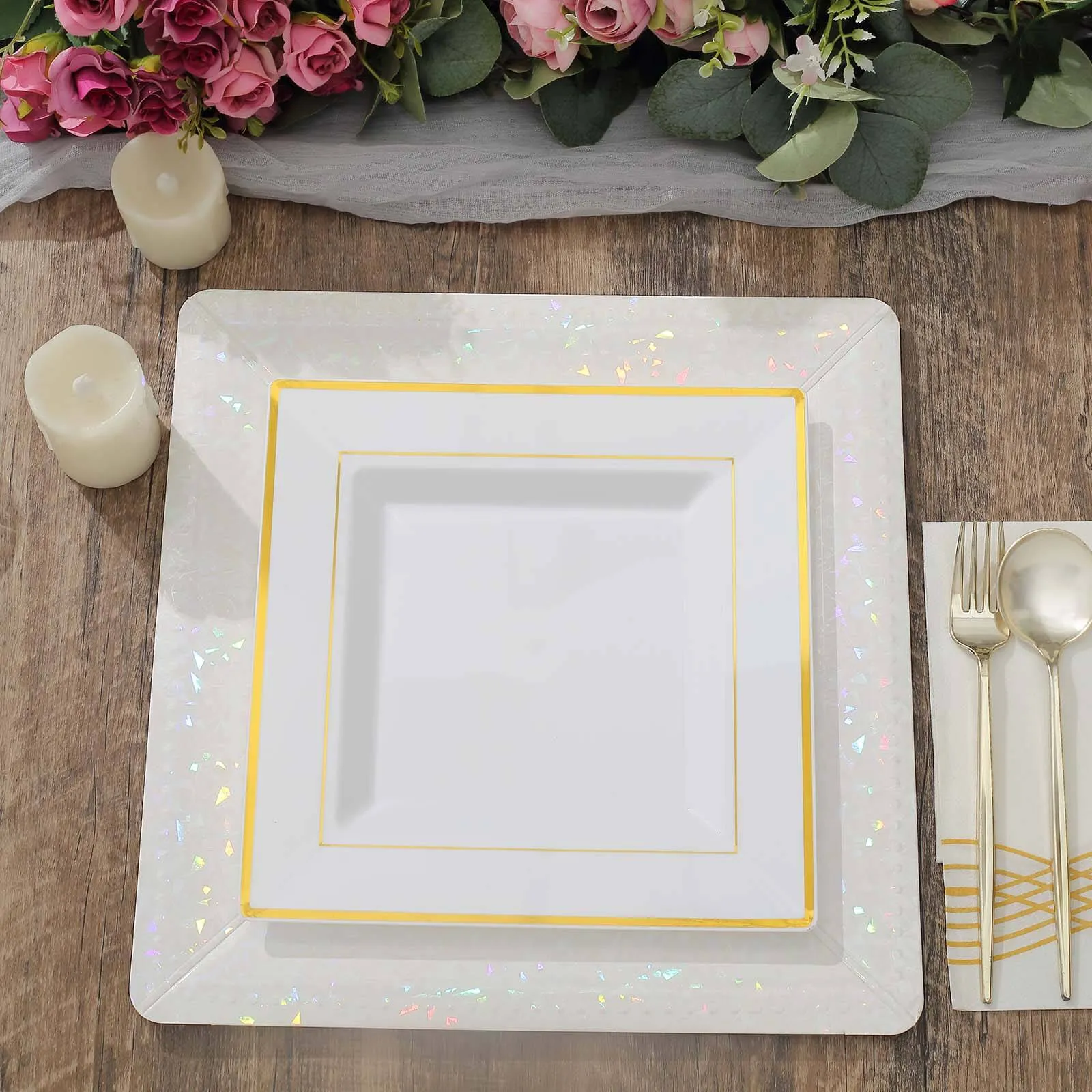 10 Pack 10" Gold Trim White Square Disposable Dinner Plates, Plastic Party Plates