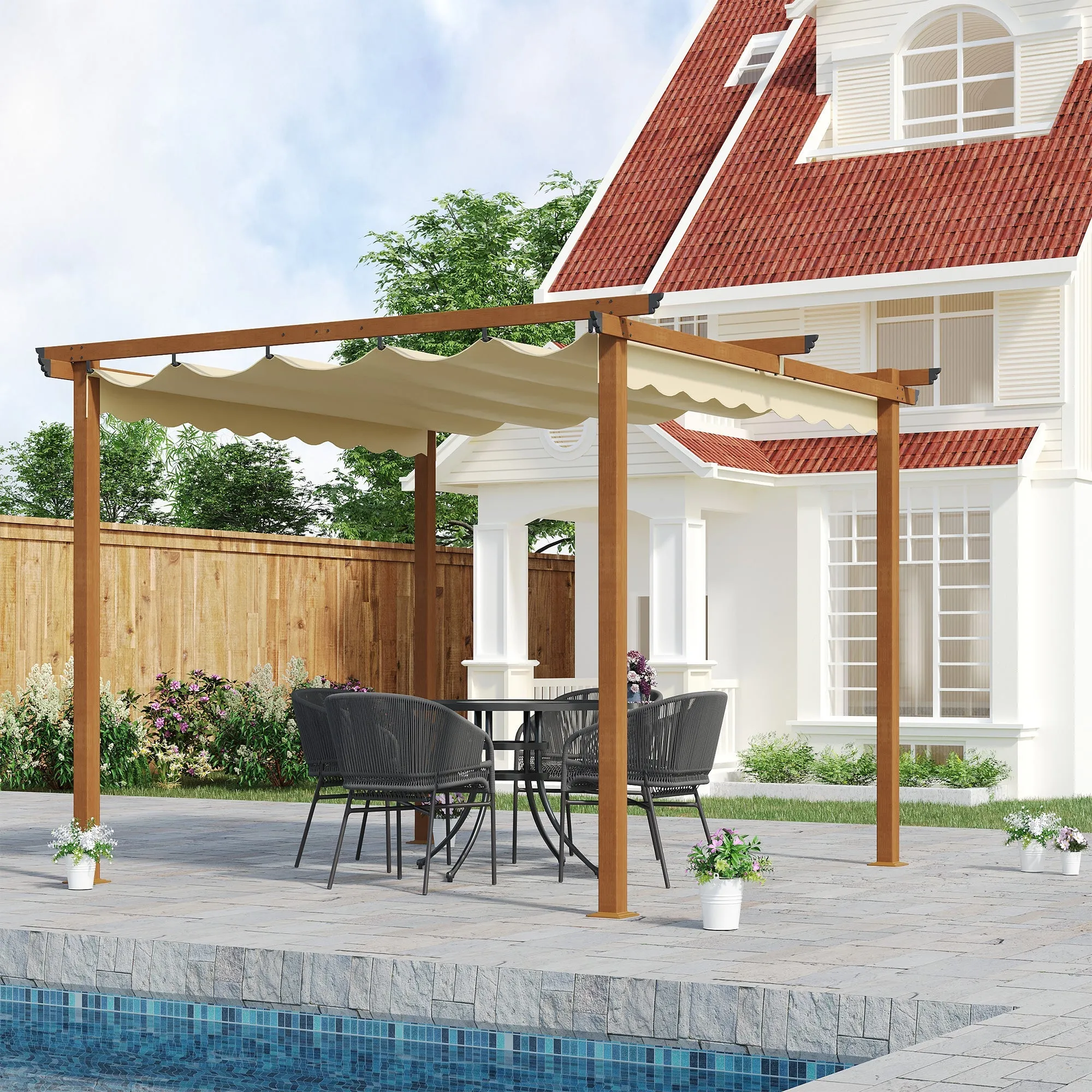 3 x 3 m Outdoor Pergola Canopy Patio Gazebo Sun Shelter with Retractable Roof Aluminium Frame for Garden, Khaki