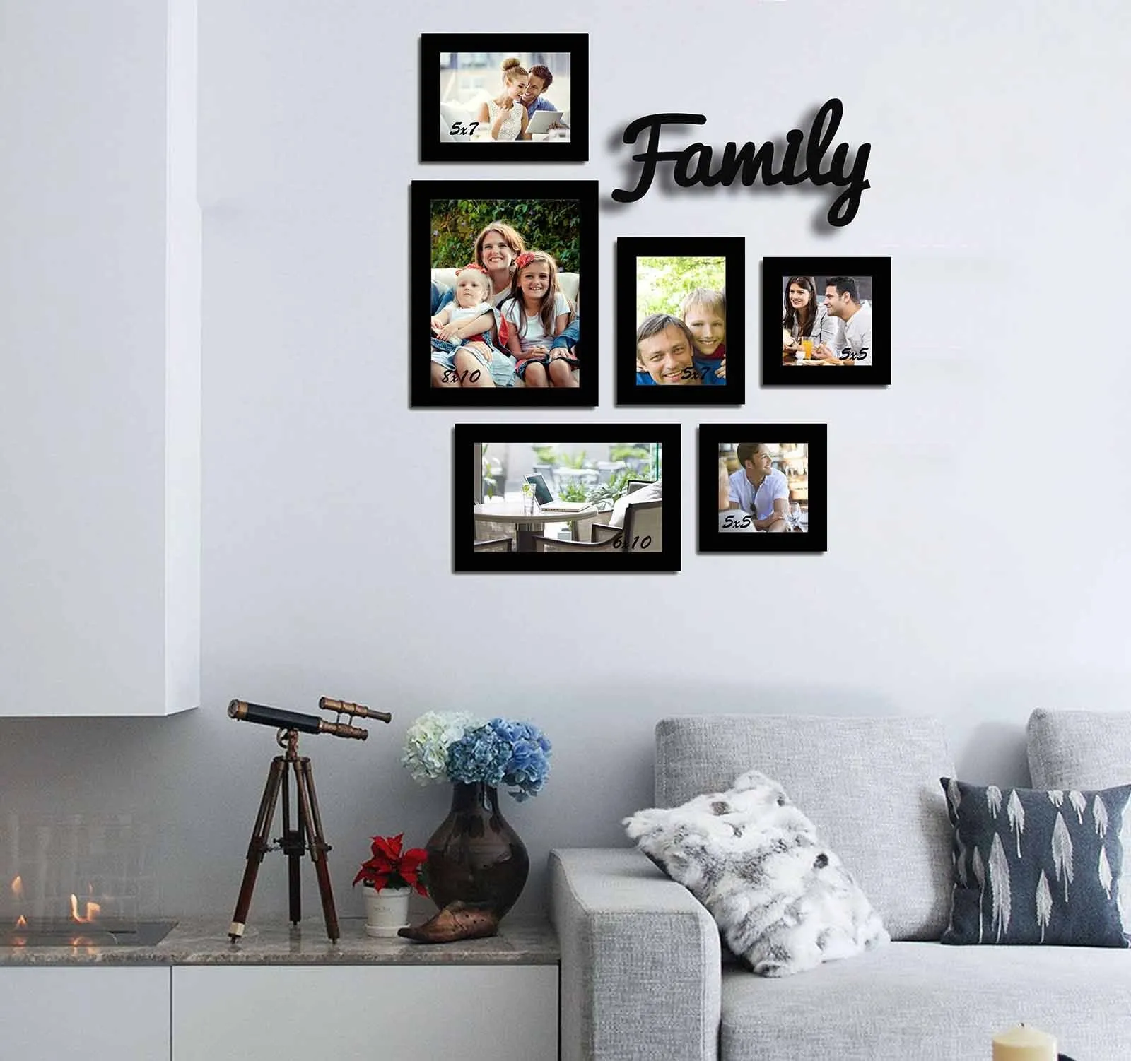 Art Street Decorative Premium Set of 6 Individual Wall Photo Frame with Family MDF Wall Plaque - Black