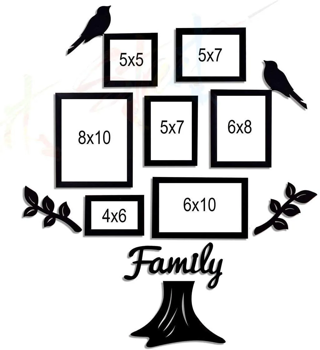 Art Street Family Tree Photo Frame set of 7 individual wall photo frame with MDF plaque - 2 Leaf,1 Trunk,1 Family and 2 Birds