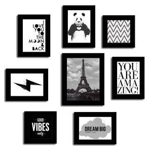 Art Street Set of 8 Theme Wall Quotes Photo Frames (Themes - You are Amazing :: Good Vibes Only :: Dream Big :: Love :: Panda, Color - Black)