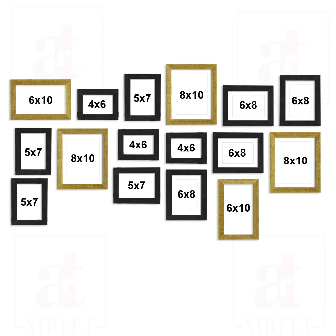 Art Street Shooting Star Black & Gold Individual Wall Photo Frames Set Of 16 Pcs (3 Units of 8X10,4 Units of 6X8, 4 Units of 5X7, 3 Units of 4X6,2 Units of 6X10 Inchs)