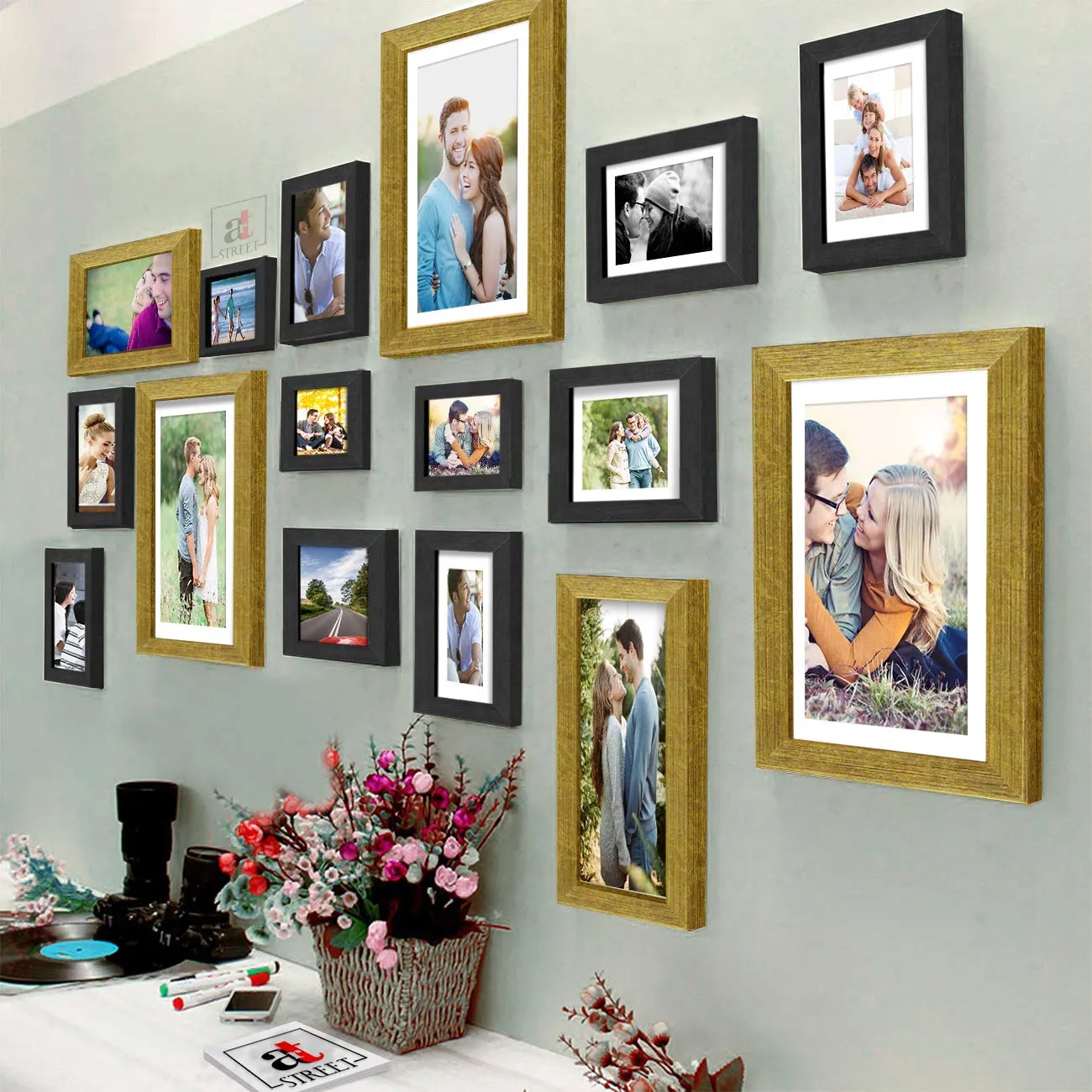 Art Street Shooting Star Black & Gold Individual Wall Photo Frames Set Of 16 Pcs (3 Units of 8X10,4 Units of 6X8, 4 Units of 5X7, 3 Units of 4X6,2 Units of 6X10 Inchs)