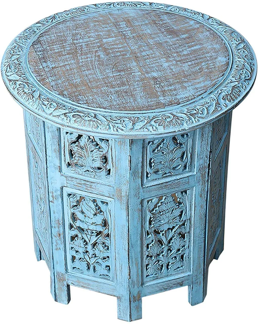 Artesia Wooden Handcrafted Carved Rajasthan Solid Folding Blue Accent Antique Coffee Table