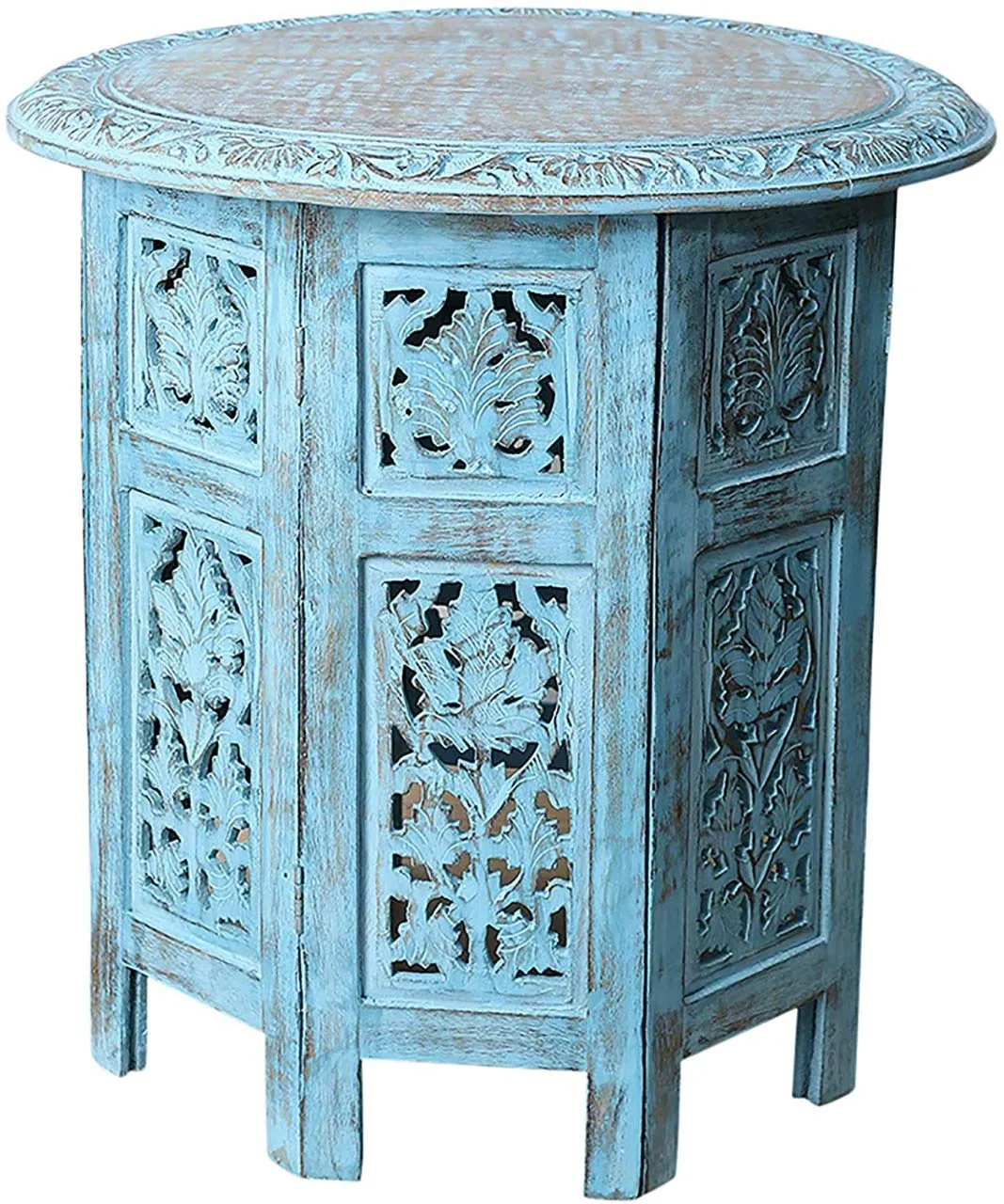 Artesia Wooden Handcrafted Carved Rajasthan Solid Folding Blue Accent Antique Coffee Table