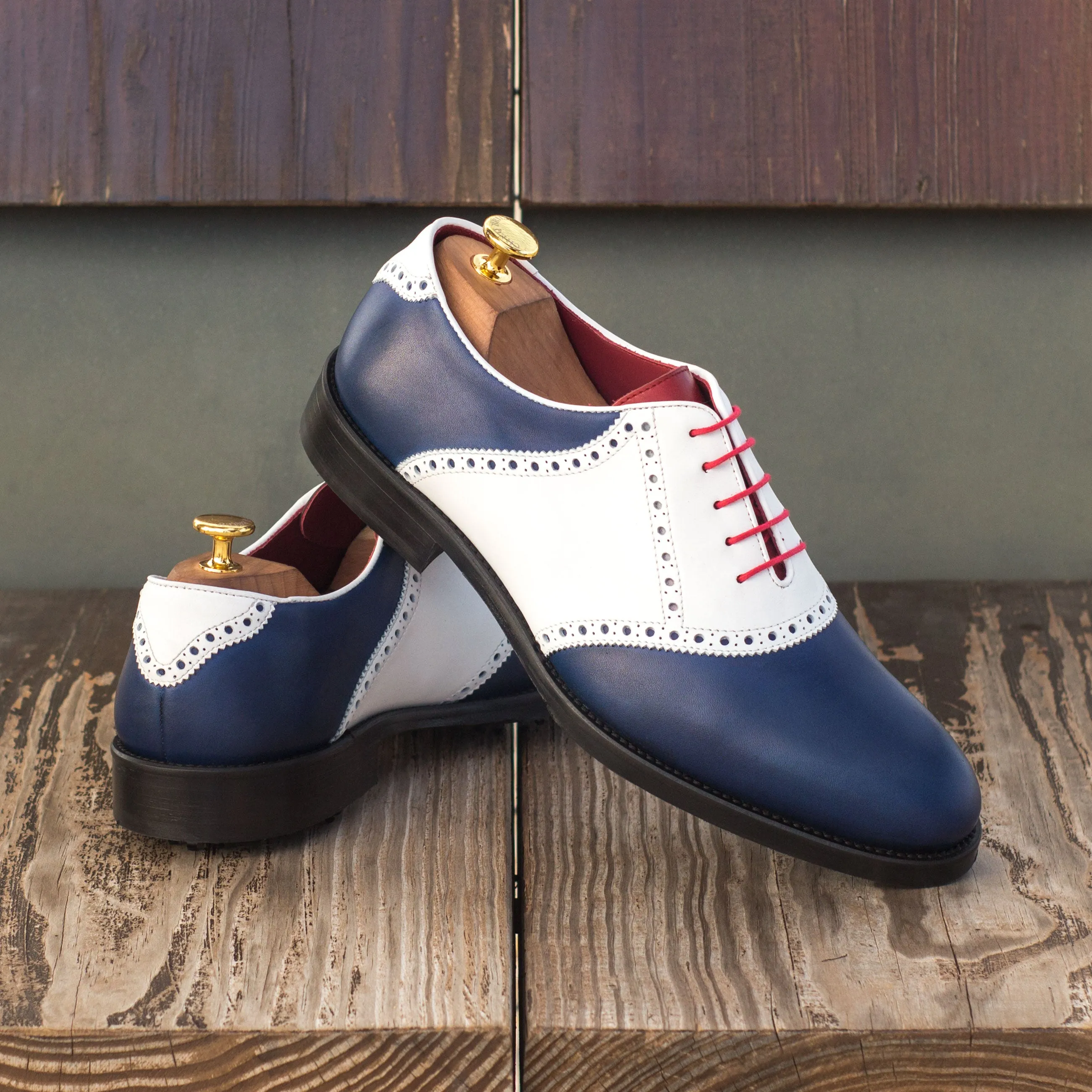 Blue & White Calf Leather Saddle Golf Shoes