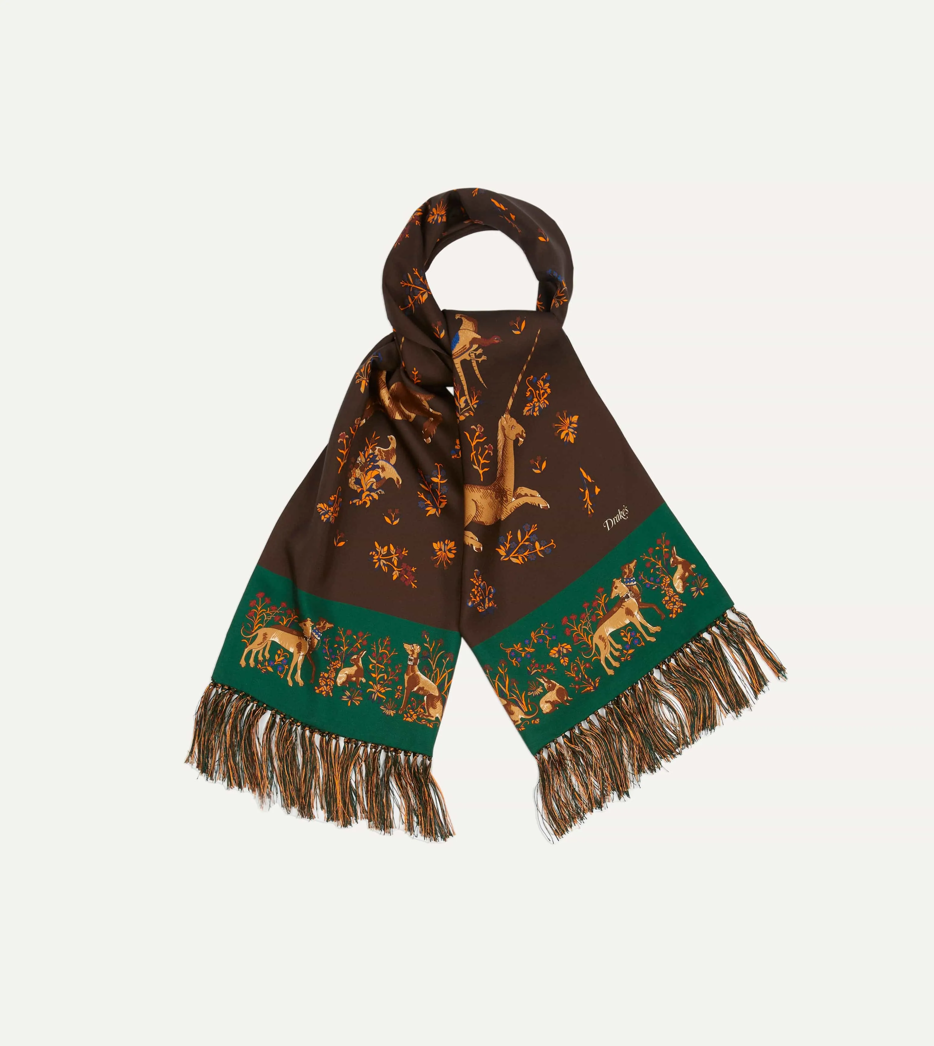 Brown Unicorn Print Tubular Silk Tasselled Scarf