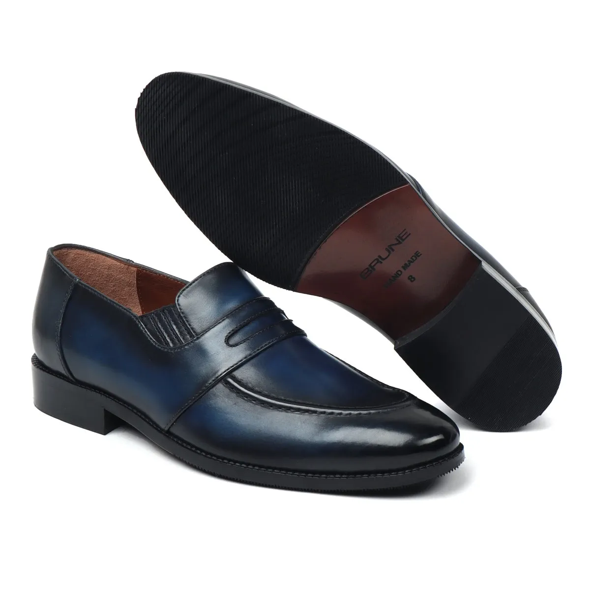 Burnished Darker Blue Penny Loafers in Genuine Leather