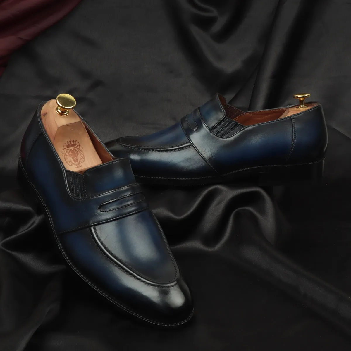 Burnished Darker Blue Penny Loafers in Genuine Leather