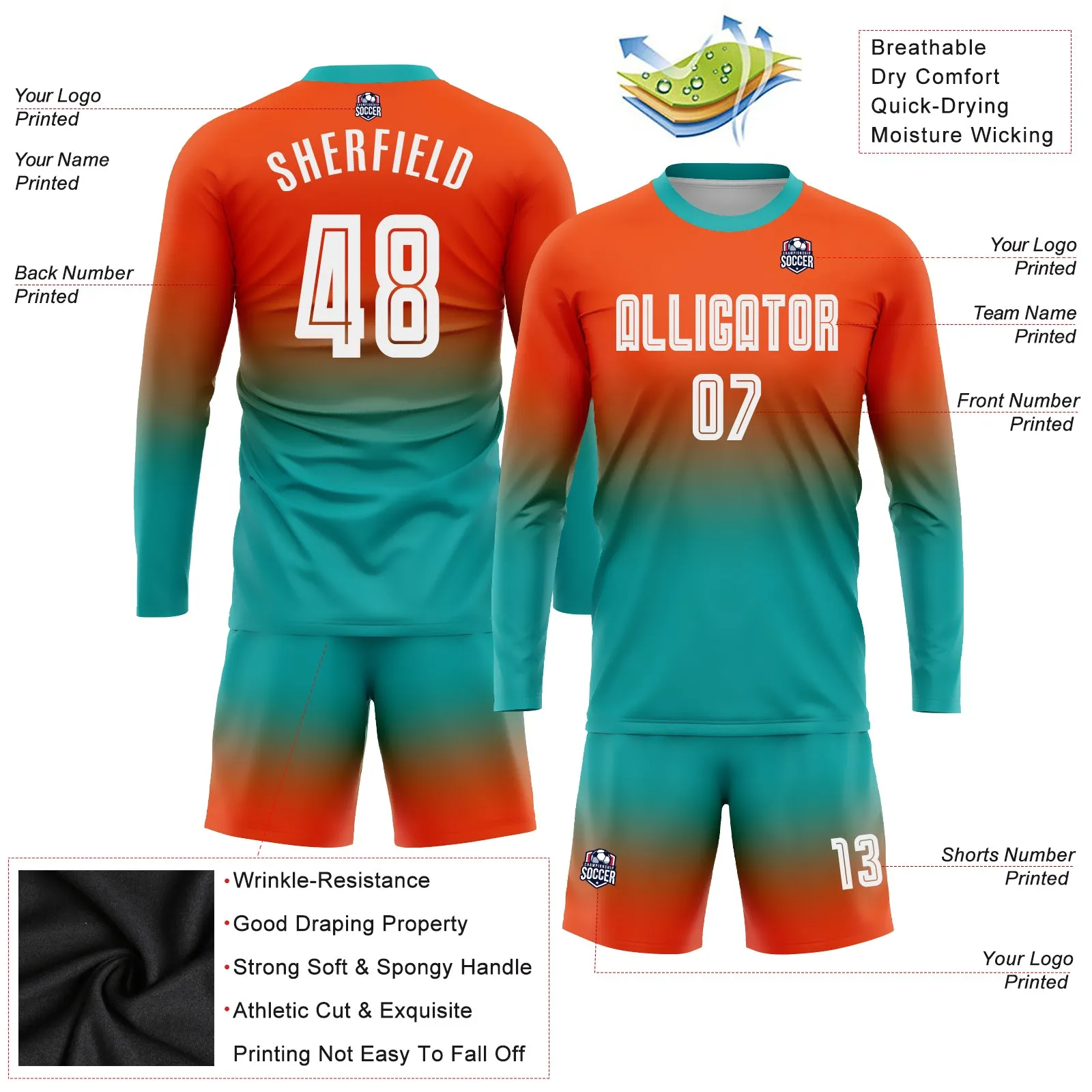 Custom Orange White-Aqua Sublimation Long Sleeve Fade Fashion Soccer Uniform Jersey