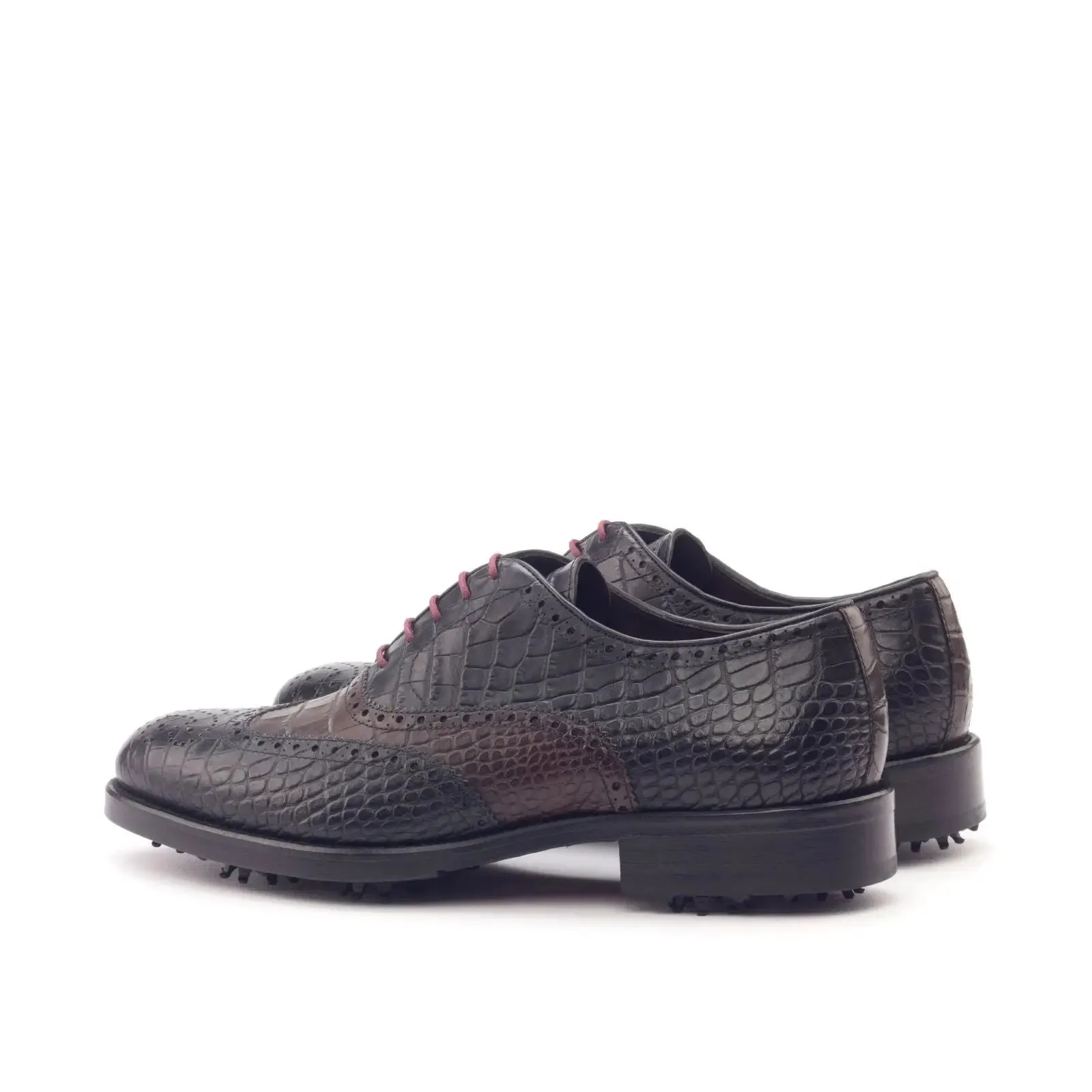 DapperFam Aeron Golf in Black / Dark Brown Men's Italian Croco Embossed Leather Full Brogue