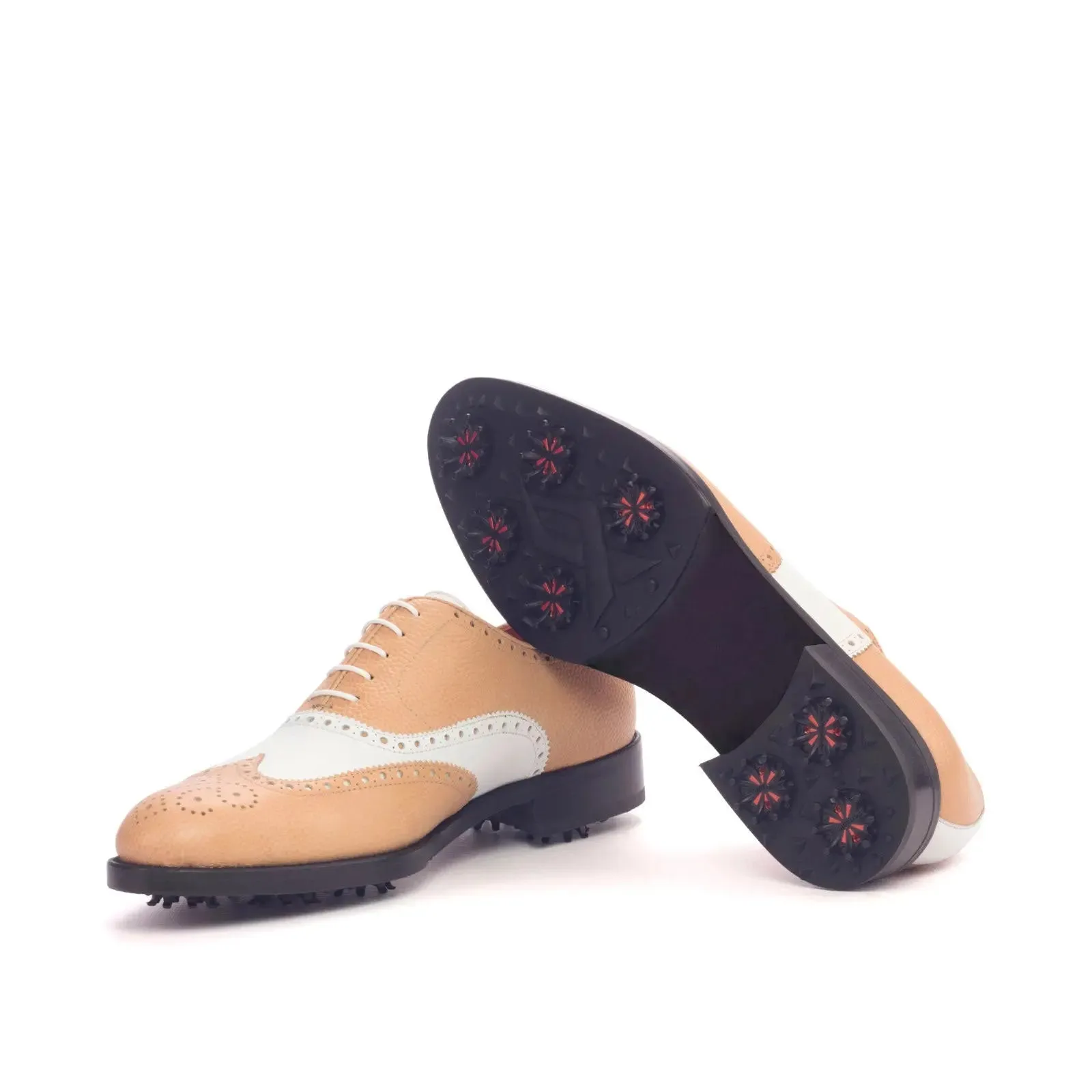 DapperFam Aeron Golf in Fawn / White Men's Italian Leather & Italian Pebble Grain Leather Full Brogue