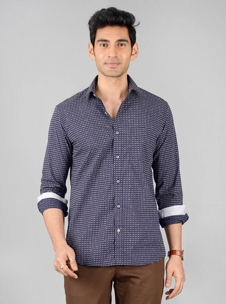 Dark Blue Printed Slim Fit Casual Shirt | Greenfibre