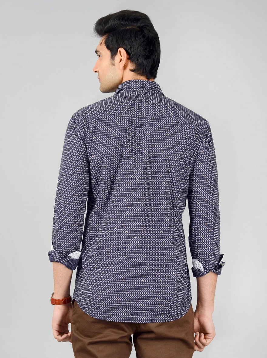 Dark Blue Printed Slim Fit Casual Shirt | Greenfibre