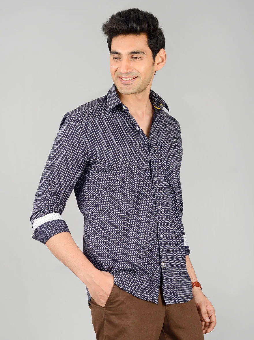 Dark Blue Printed Slim Fit Casual Shirt | Greenfibre