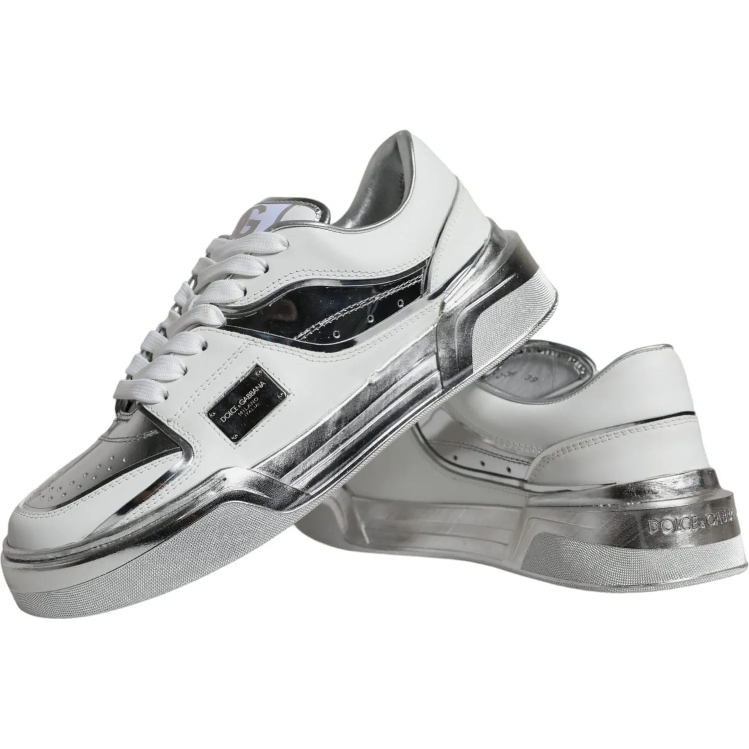 Dolce & Gabbana White Silver Leather Low Top Sneakers Shoes