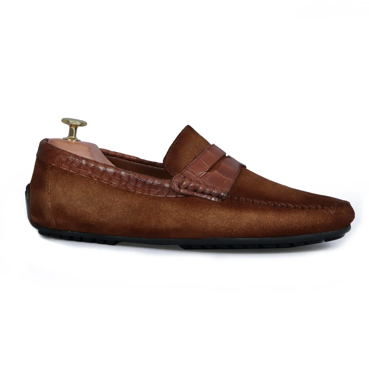 Driving Sole Tan Suede Loafers with Croco Textured Leather Trim Topline