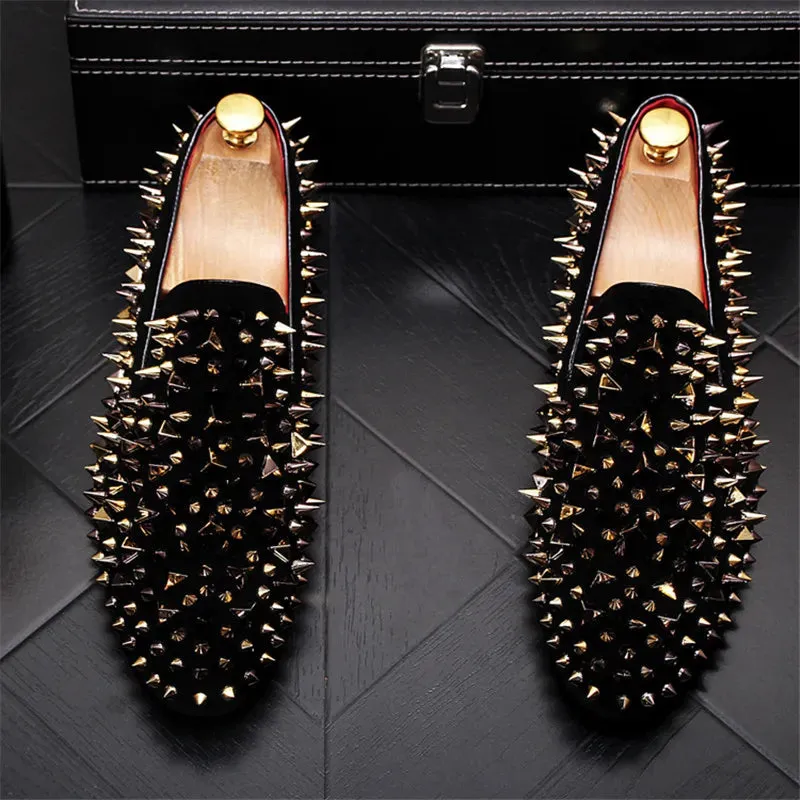 Edgy Gothic Men's Black & Gold Spiked Drivers Moccasins Opera Pump