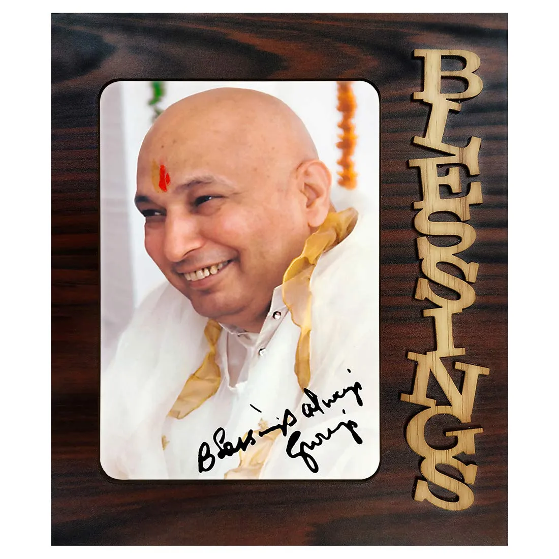 Generic PnF Blessings Hand Crafted Wooden Table with Photo of Guruji 20455,Multicolour, Medium