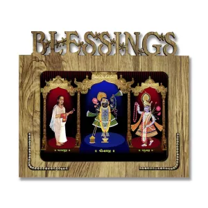 Generic PnF Blessings Hand Crafted Wooden Table with Photo of shreenathji Shree yamunaji shri mahaprabhuji Size of Photo Frame (9 * 7.75inch, Multicolor, MDF), Medium