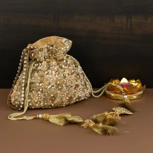 Gold Silk Pearl Embroidered Potli Bag