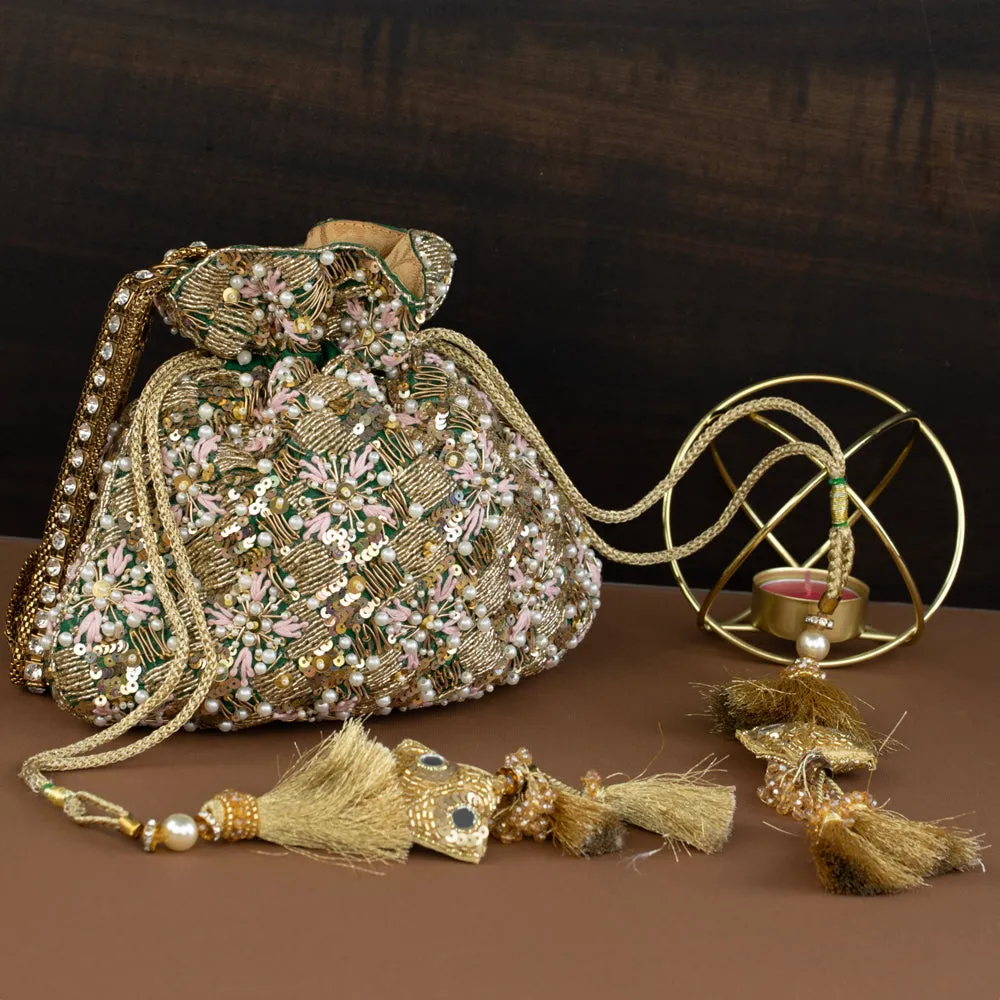 Green Silk Pearl Embroidered Potli Bag