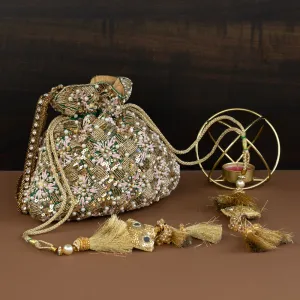 Green Silk Pearl Embroidered Potli Bag