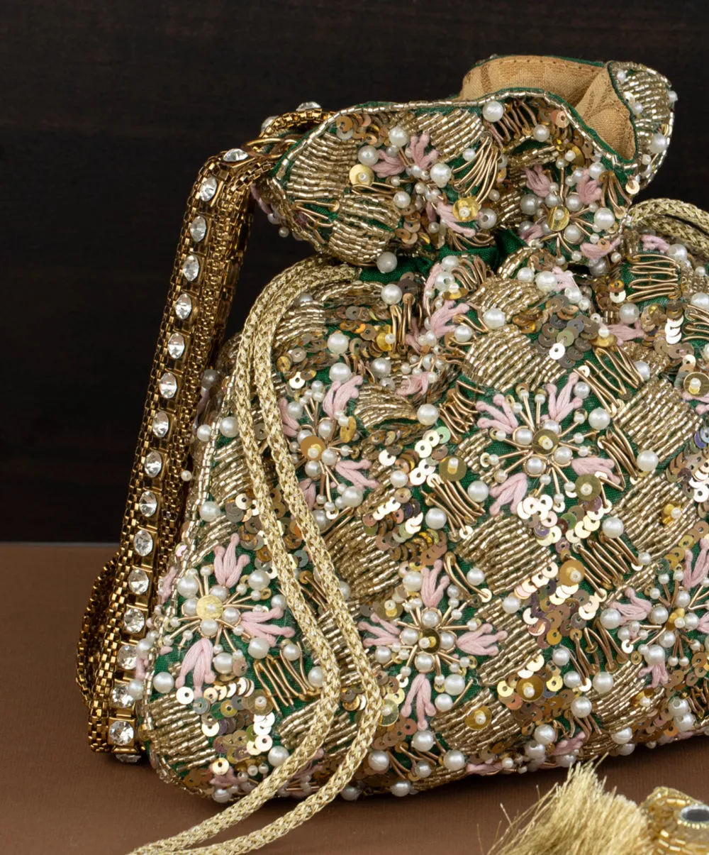 Green Silk Pearl Embroidered Potli Bag