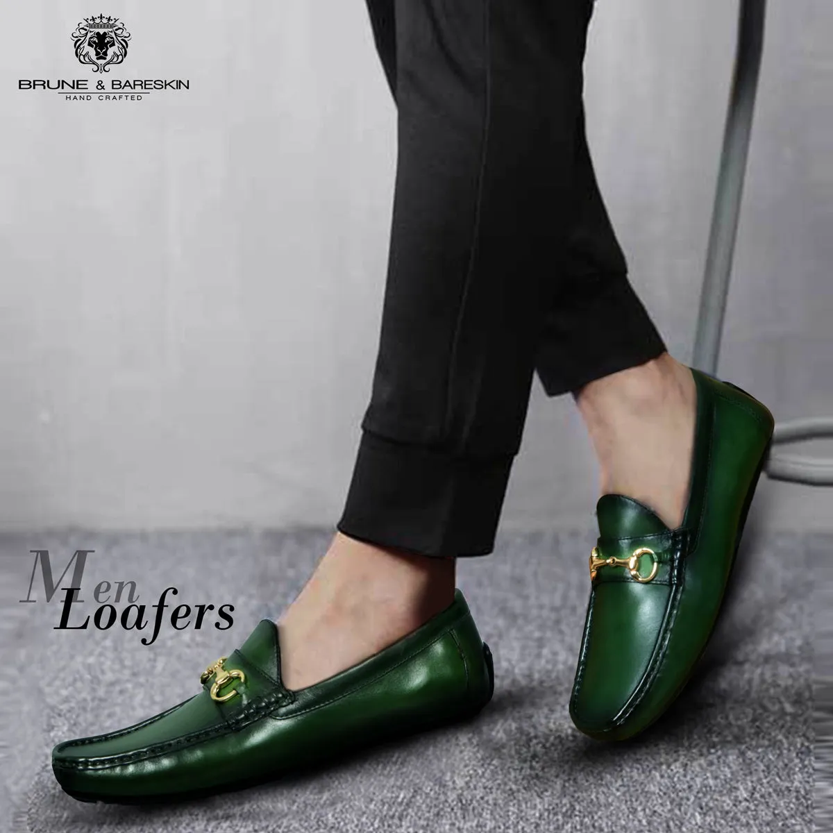 Horsebit Driving Loafers Shoe in Green Leather