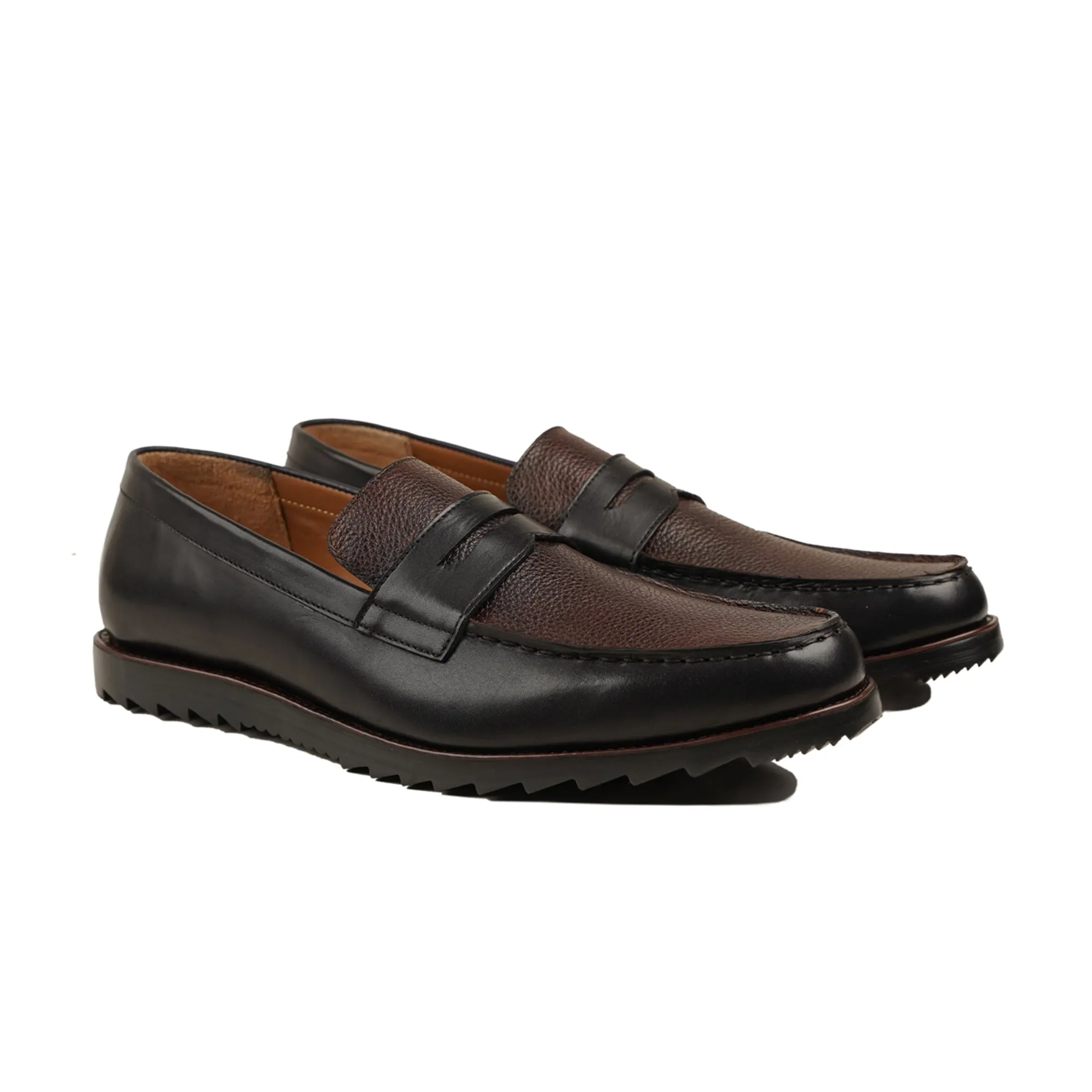 Kariya - Men's Dark Brown Calf and Pebble Grain Leather Loafer