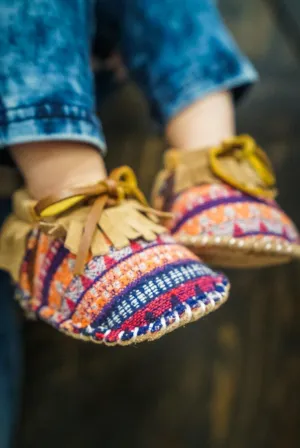 Kids: Moccasins in Multi-Colored Striped Print and Chestnut Fringe