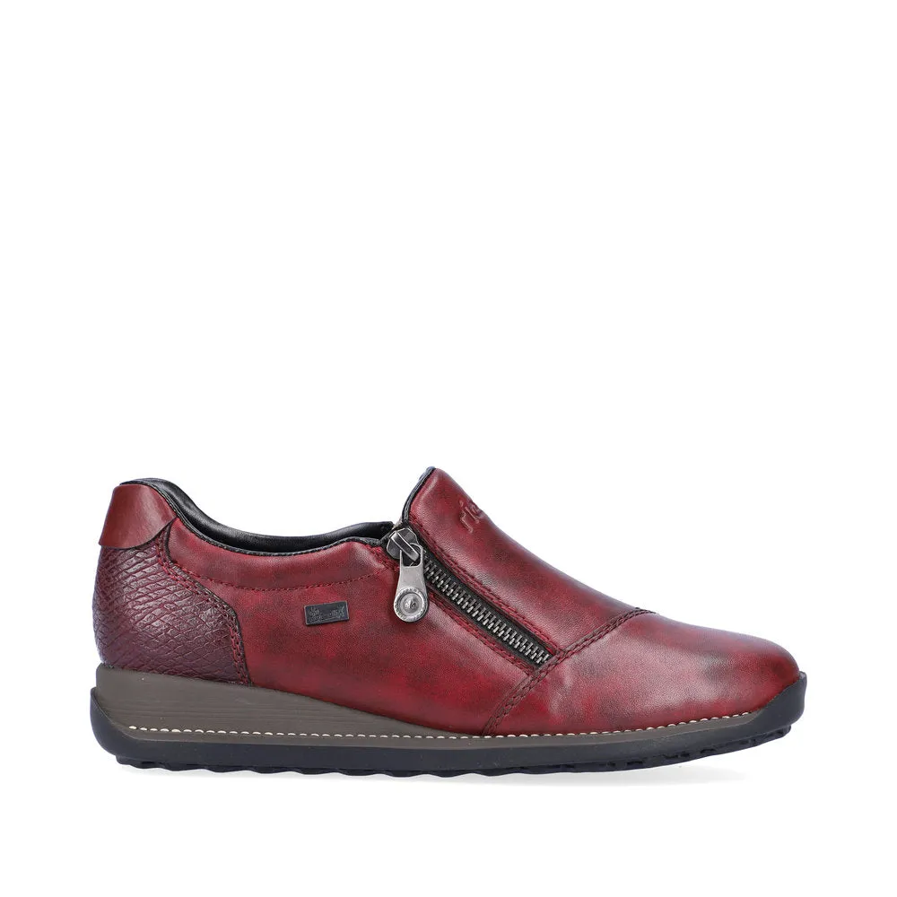 Ladies Rieker Burgundy Leather Zip Shoes 44265-35 Water Repellent sale