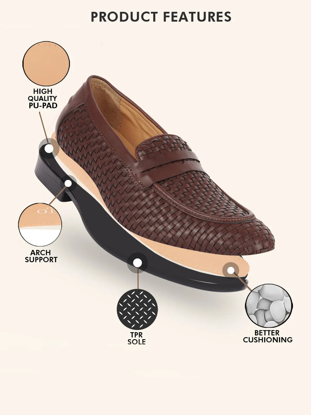 Men Brown Hand Knitted Design Penny Loafer Slip On Shoes