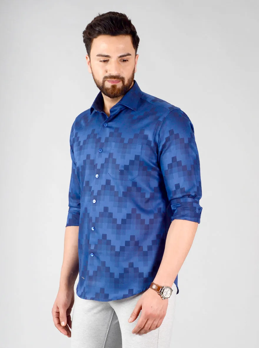 Navy Blue Self Design Slim Fit Evening Wear Shirt | Metal