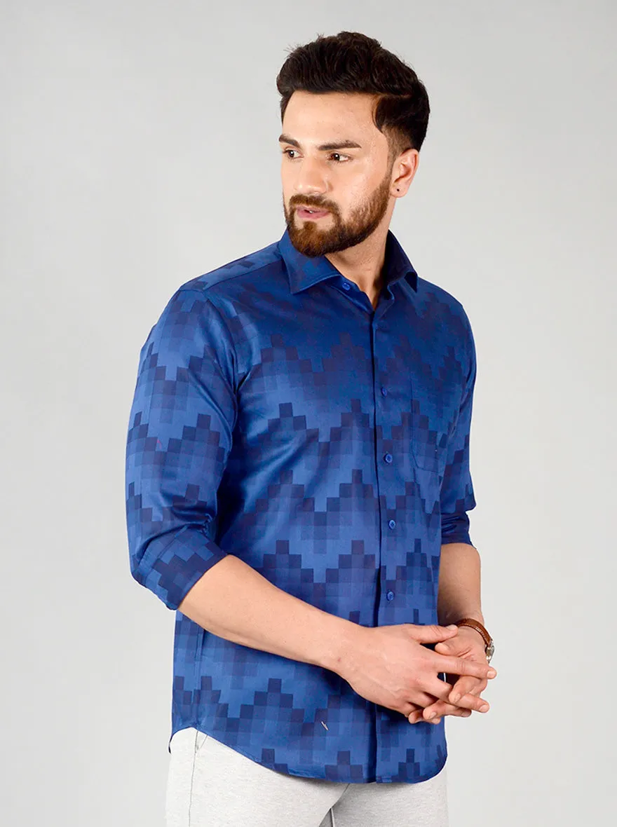 Navy Blue Self Design Slim Fit Evening Wear Shirt | Metal