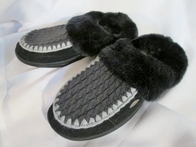 NEW Womens ACORN Plush Faux Fur Knit Clog Moc Slippers Slides 8 BLACK GRAY