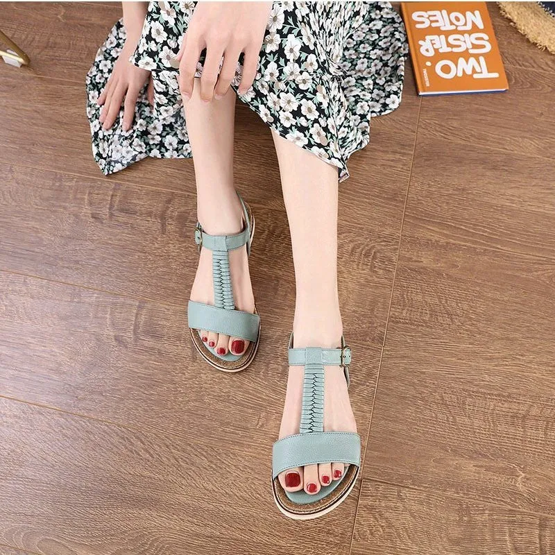 OCW Women Casual Flat Sandals Elastic Nonslip T-strap Summer HolIdays Footwear