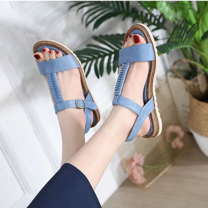 OCW Women Casual Flat Sandals Elastic Nonslip T-strap Summer HolIdays Footwear