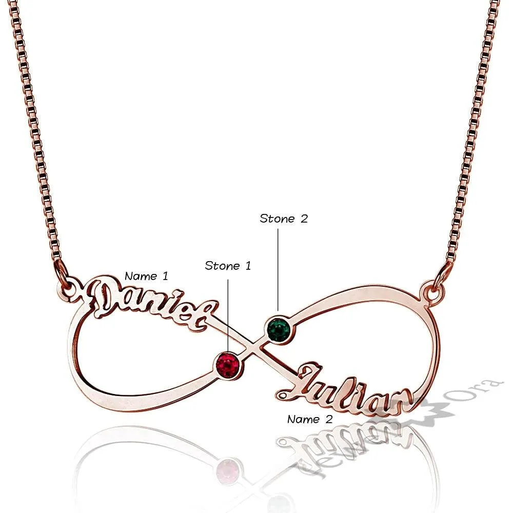 Personalized Infinity 925 Sterling Silver Necklace, Name & Love Birthstone Pendant with Box, Christmas & Anniversary Gift