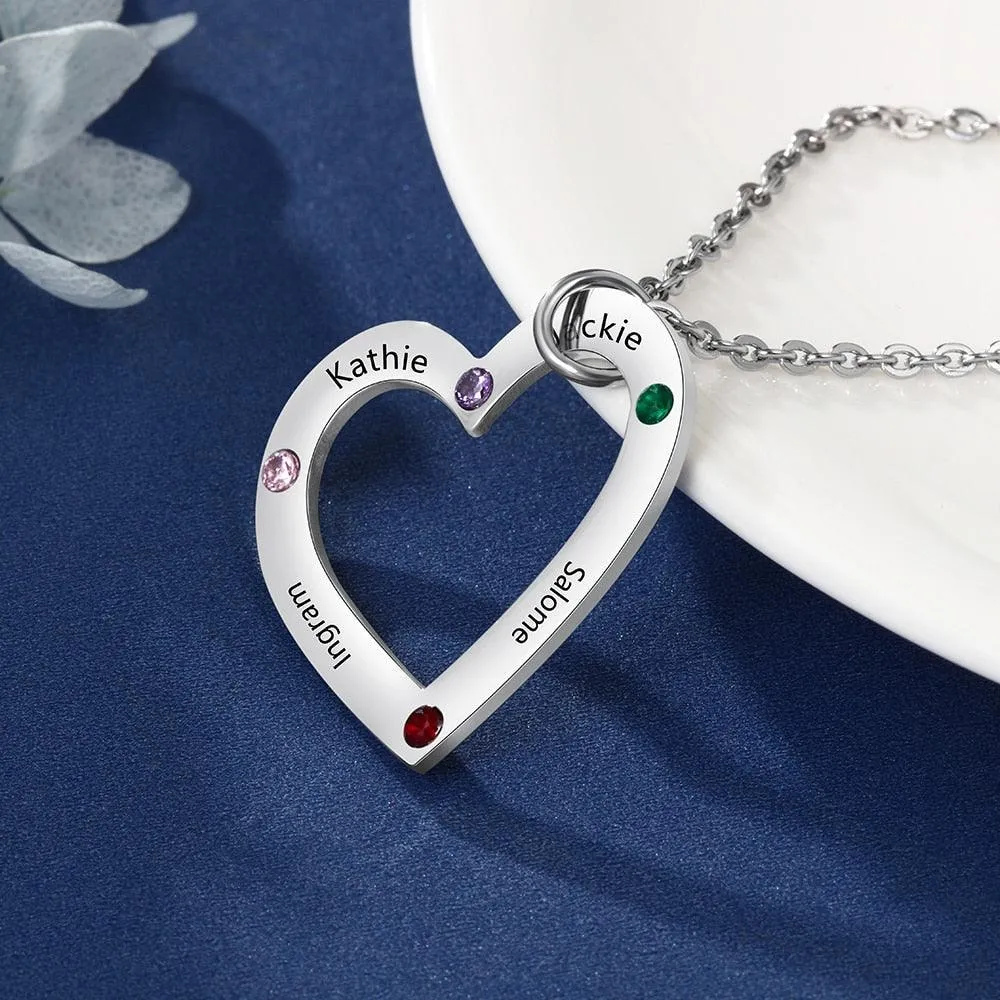 Personalized Stainless Steel Heart Pendant Necklace, Custom Engrave 4 Names & Birthstone Pendant, Gift For Family