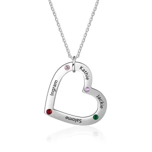 Personalized Stainless Steel Heart Pendant Necklace, Custom Engrave 4 Names & Birthstone Pendant, Gift For Family