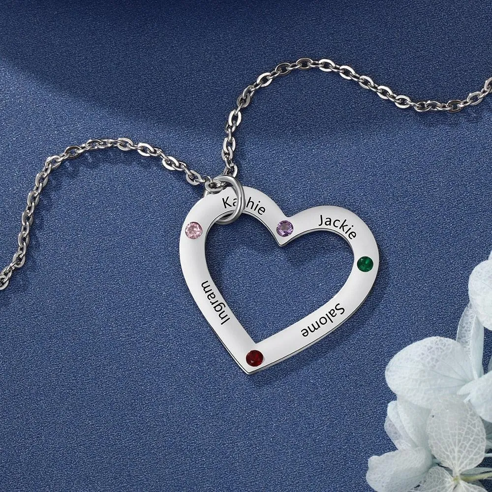 Personalized Stainless Steel Heart Pendant Necklace, Custom Engrave 4 Names & Birthstone Pendant, Gift For Family