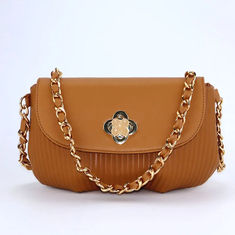 Pleated Flap Open Leather Purse Casual Handbag for Women