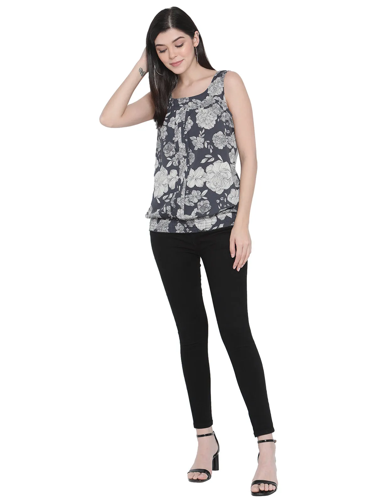 Porsorte Womens Grey Off White Floral Print Sleeveless Top