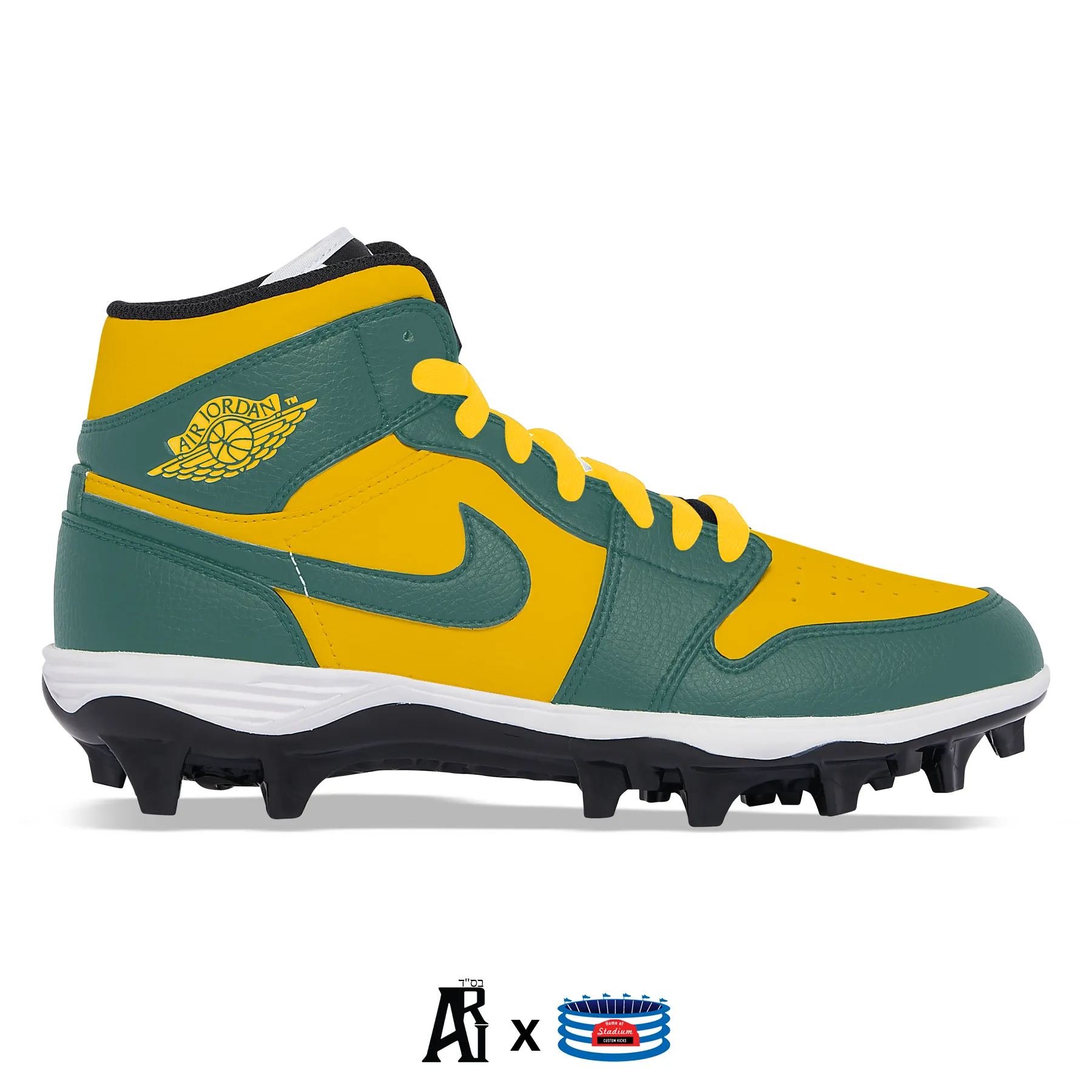 "Green Bay” Jordan 1 TD Cleats by Stadium Custom Kicks