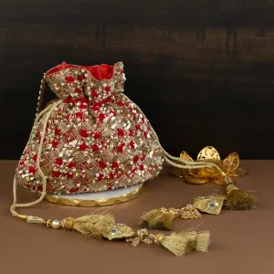 Red & Gold Silk Pearl Embroidered Potli Bag