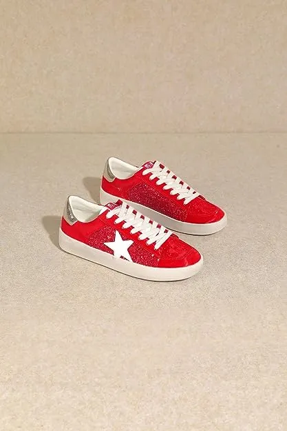 Red Rubber Sole Lace-Up Glitter Leather Star