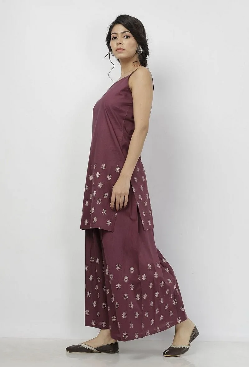 Set of 2: Iya Purple Buti Hand-Block Printed Cotton Slip with Buti Hand-Block Printed Cotton Palazzo